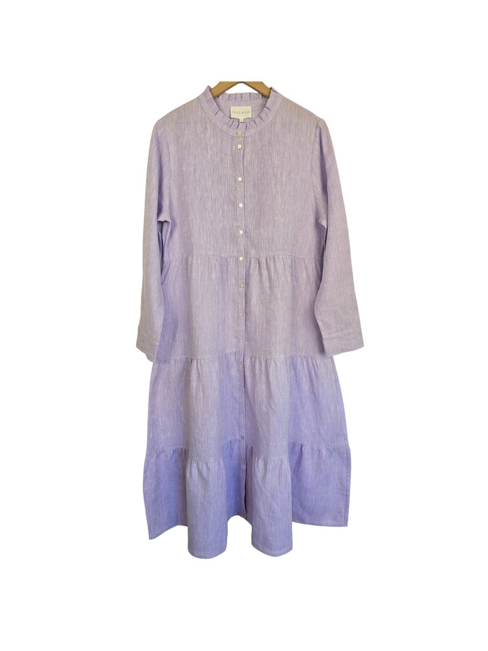 Alice Walk Lavender Purple Linen Tiered Midi Dress Band Collar Size L